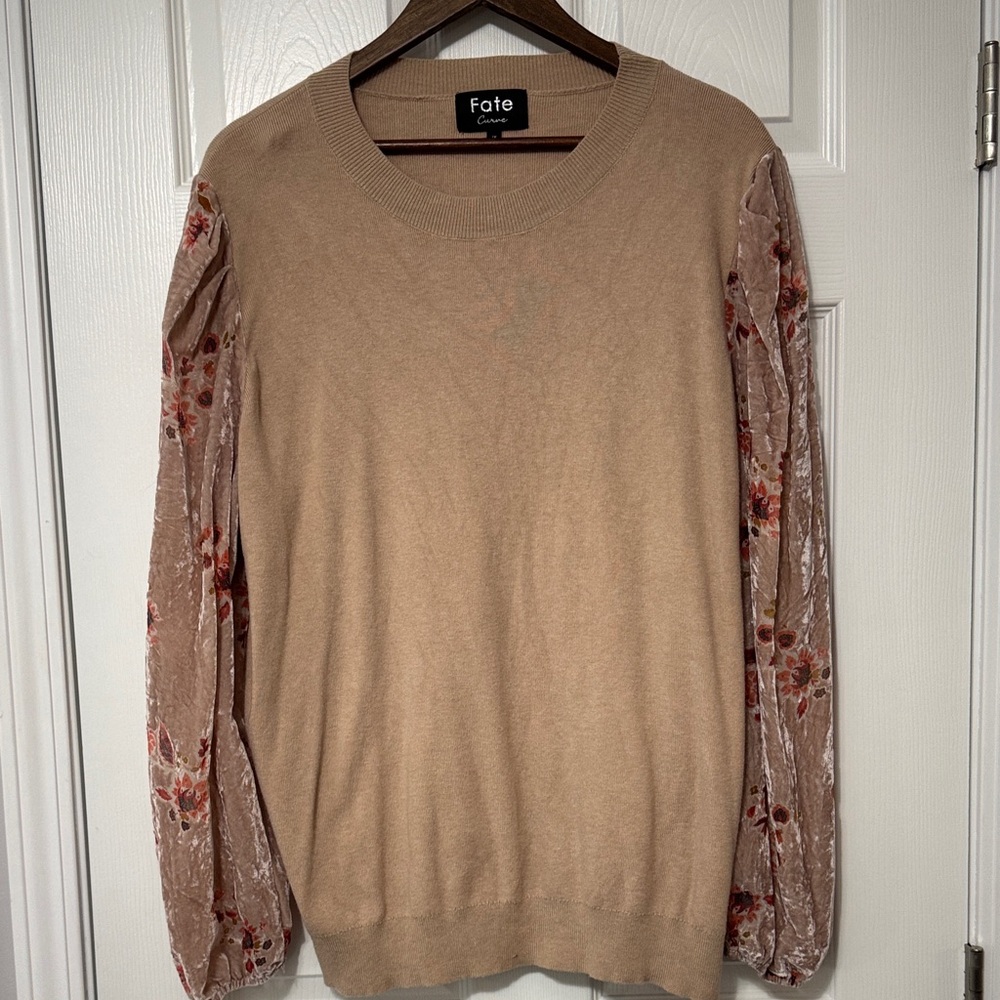 Fate Tan Sweater with Floral Velvet Sleeves